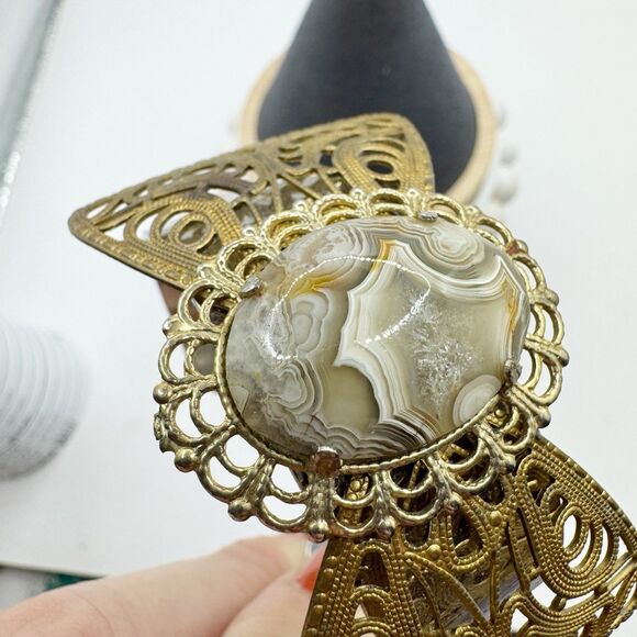 Filigree Bow Cuff Bracelet With Agate Geode Cabachon Center Bohemian Boho - Picture 2 of 10